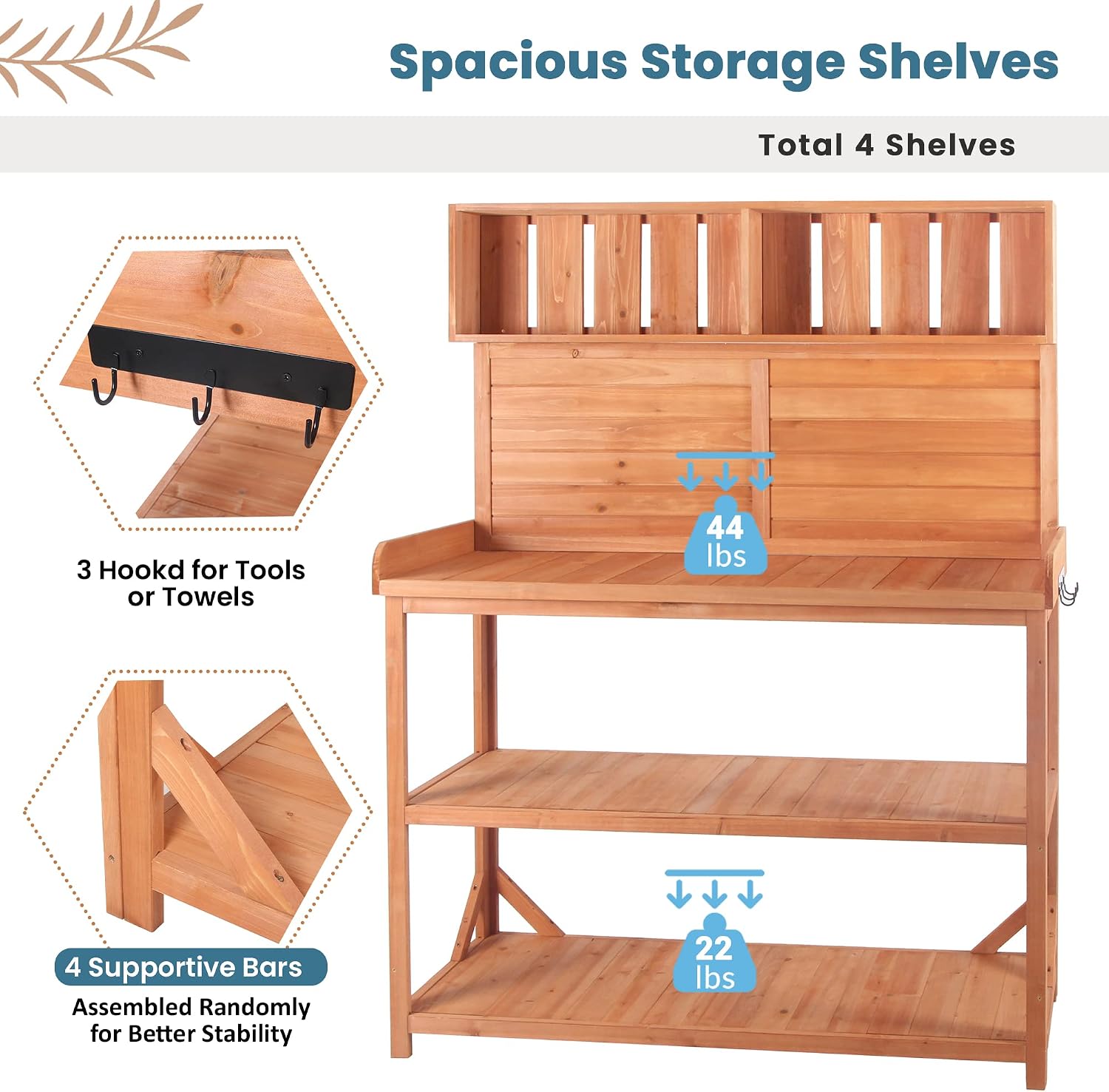 Potting Bench Table with 4 Storage Shelves and Side Hook, Polibi 65' Large Wooden Farmhouse Rustic Outdoor Patio Workstation, Garden Potting Bench with Splash Plate
