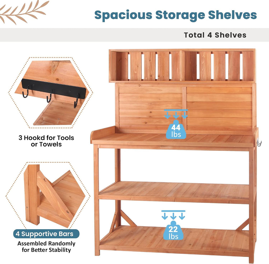 65' Large Outdoor Farmhouse Wooden Potting Bench Table, Patio Workstation with 4 Storage Shelves and Side Hook for Backyard, Mudroom Garden (Natural#3, 65')