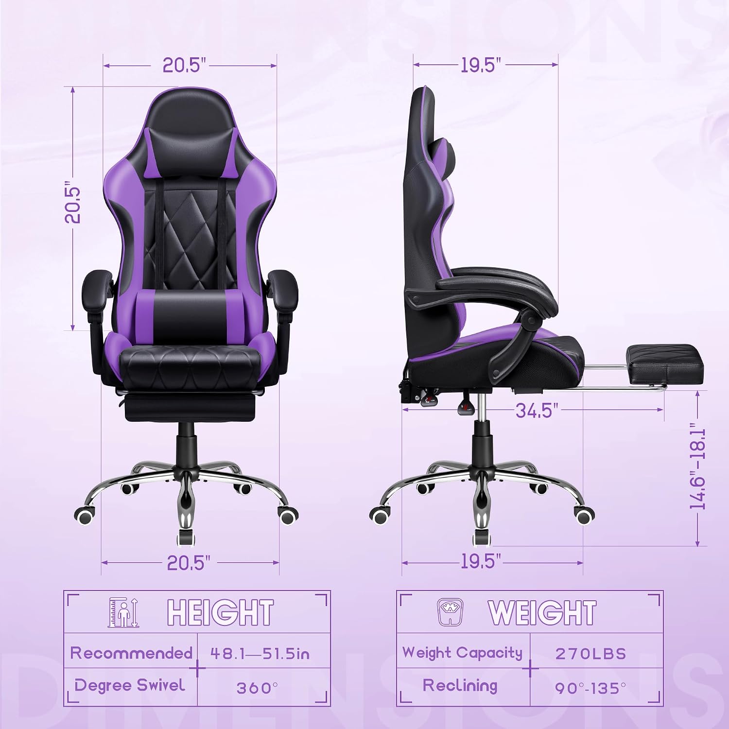 Shahoo Gaming Chair with Footrest and Massage Lumbar Support, Ergonomic Computer Seat Height Adjustable with 360°Swivel and Headrest, Purple