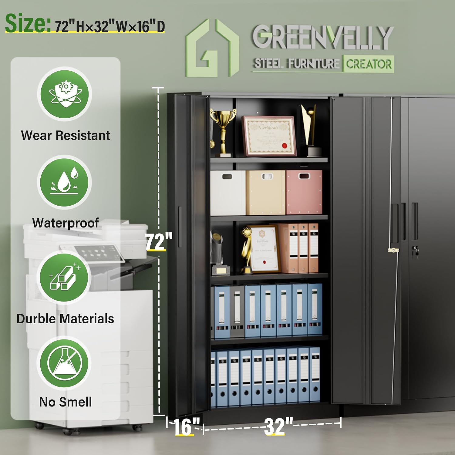 Greenvelly Metal Storage Cabinet, 72' Black Steel Garage Cabinet with Doors and Adjustable Shelves, Metal Cabinet with Lock,Garage Cabinets and Storage System for Garage,Home Office,School