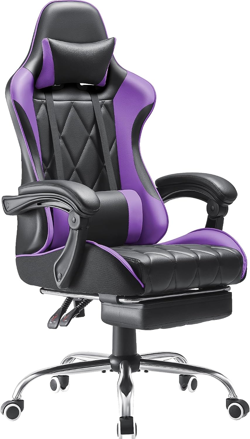 Shahoo Gaming Chair with Footrest and Massage Lumbar Support, Ergonomic Computer Seat Height Adjustable with 360°Swivel and Headrest, Purple