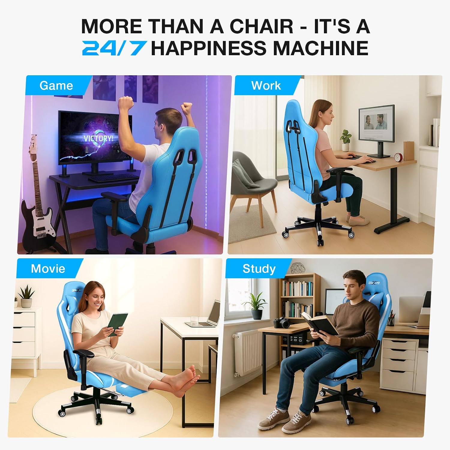 Douxlife 7-Point Massage Gaming Chair with Footrest, 400lbs Heavy Duty Ergonomic Computer Chair, 175° Reclining High Back Racing Seat for Adults with Adjustable Armrests & Lumbar Support, Bule White