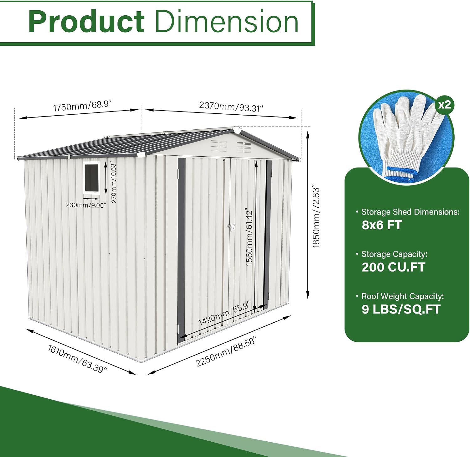 YOPTO Sheds & Outdoor Storage 6X8 FT,Metal Waterproof Tool Sheds with Side Window and Lockable Door,Backyard Buildings House W/Pitched Roof & Vents,for Garden,Lawn,Garbage Enclosure,White+Gray