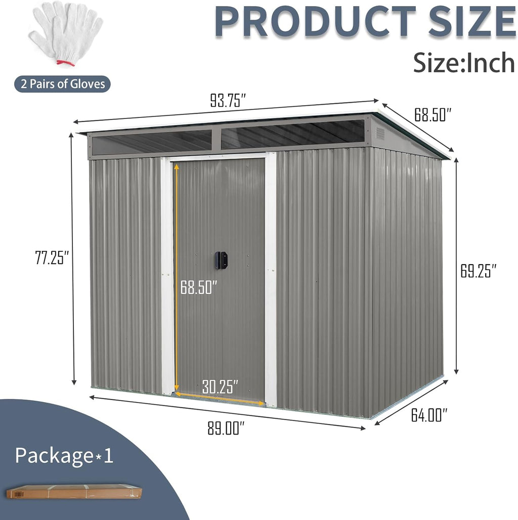 JT 8X6FT Outdoor Storage Shed, Galvanized Metal Garden Shed with Window and Metal Foundation, Tool Storage Shed for Patio Lawn Backyard (Gray- 8ft x 6ft)
