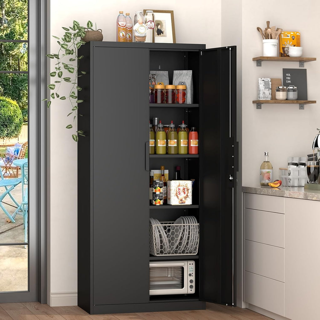 GREATMEET Metal Garage Storage Cabinets, 71' Tall Locking Cabinets with Doors and Shelves, Utility Cabinet with Lock for Garage, Home, Black