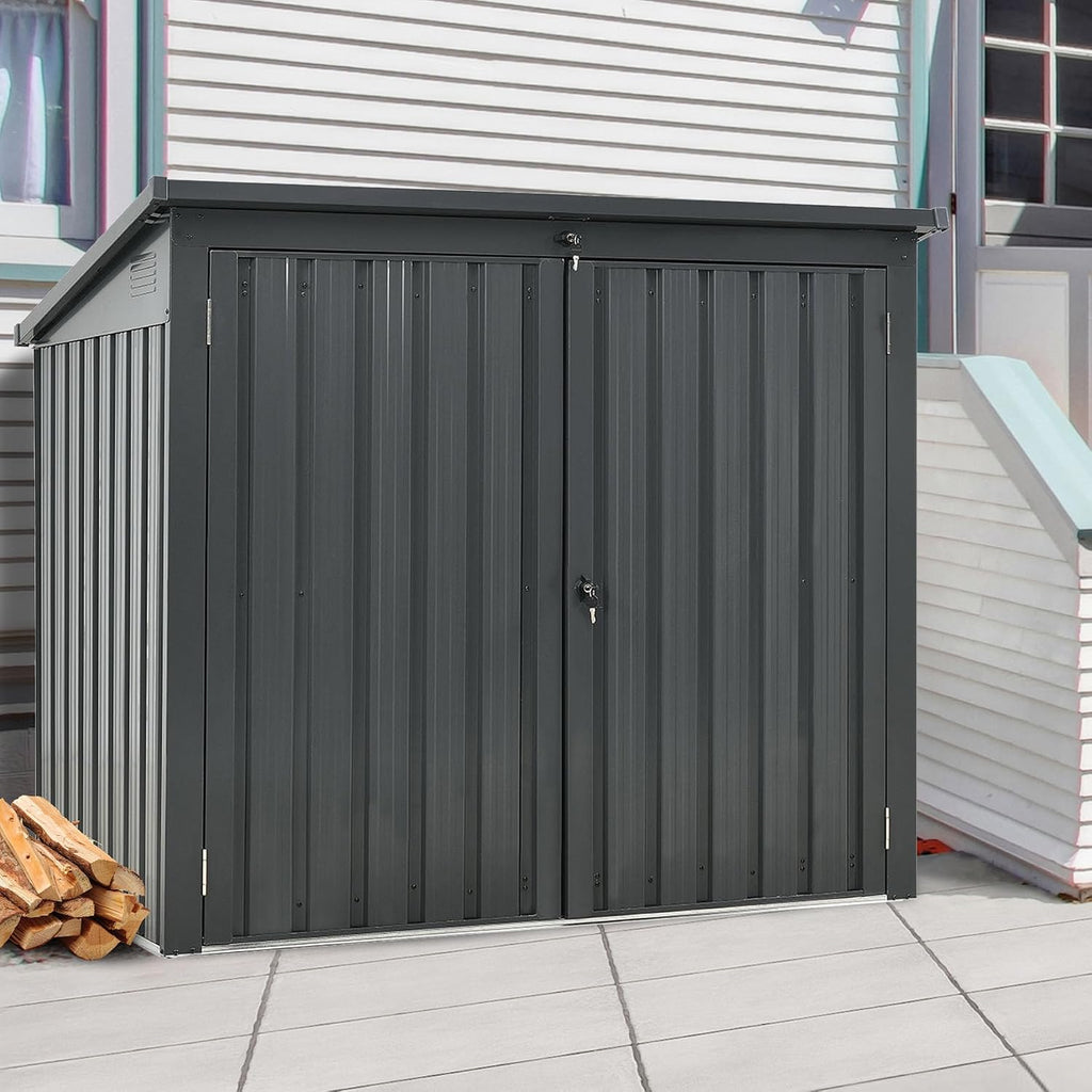 62' Grey Metal Outdoor Storage Shed with Sloped Roof, Lockable Tool Shed for Trash Cans, Garden Tools, Firewood, or Pet House, Waterproof, Galvanized Steel (Black)