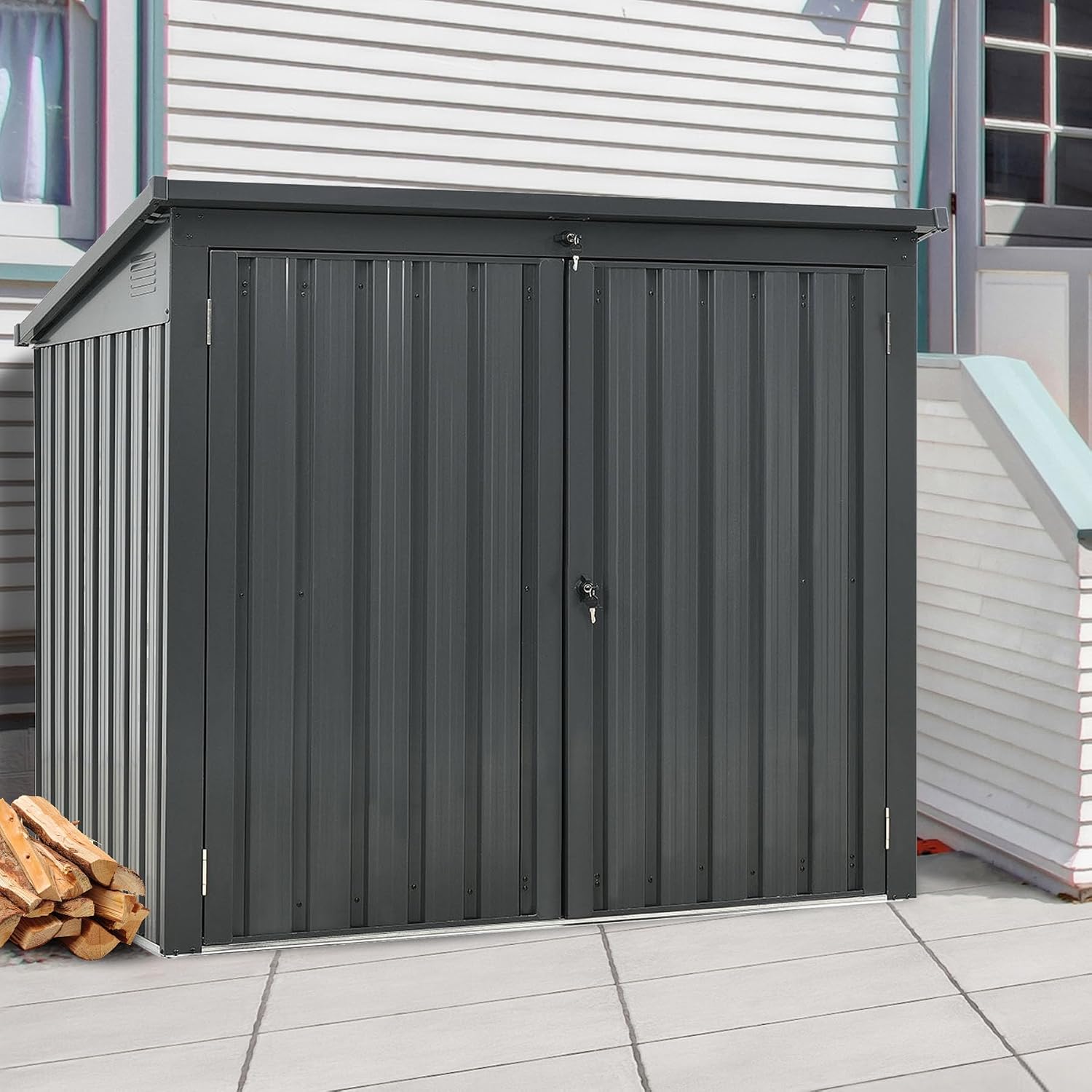 62' Grey Metal Outdoor Storage Shed with Sloped Roof, Lockable Tool Shed for Trash Cans, Garden Tools, Firewood, or Pet House, Waterproof, Galvanized Steel (Black)