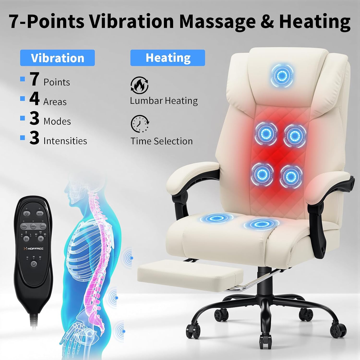 HOFFREE 7 Points Vibration Massage Office Chair with Heat Ergonomic Executive Office Chair with Footrest Reclining Home Office Desk Chairs Beige