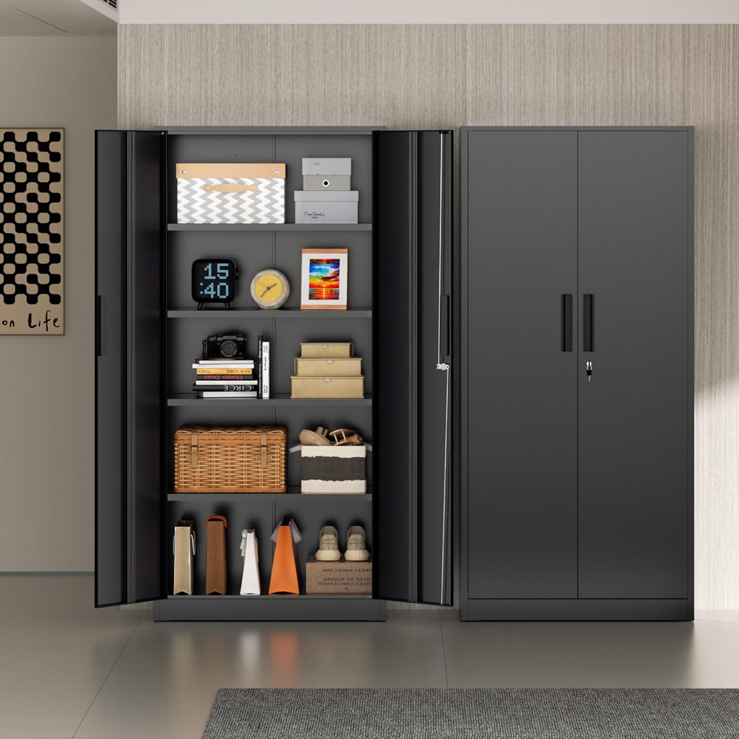 Incbruce 72' Metal Storage Cabinet, Garage Cabinets and Storage System with Doors and Shelves, Tall Lockable Tool Cabinet for Garage, Office, Home (Black)