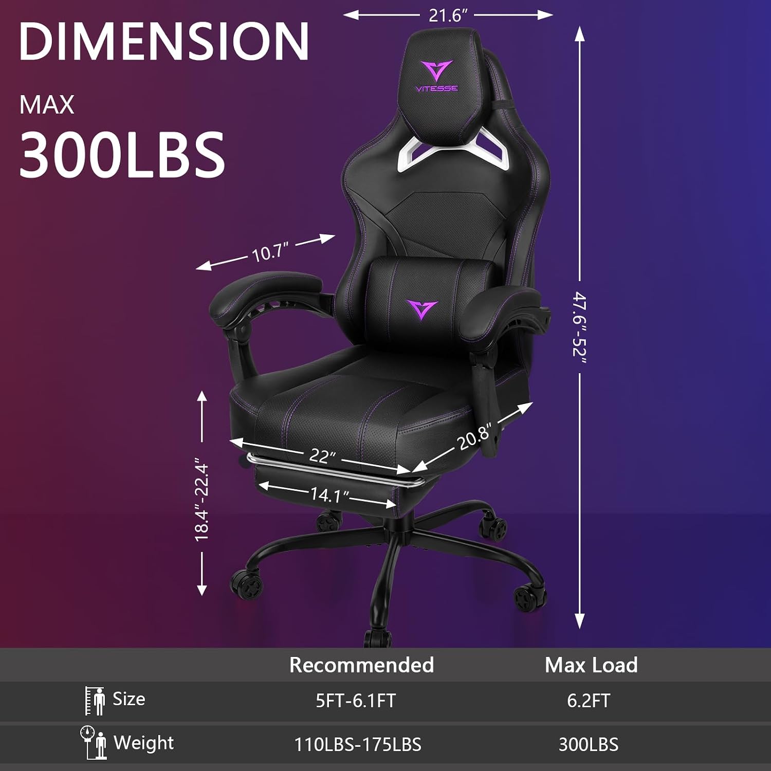Waleaf Big and Tall Gaming Chair for Adults with Footrest, 400lbs Weight Capacity Video Game Chairs for Office, Ergonomic Computer Gaming Chair with Lumbar Support and Headrest (Purple)