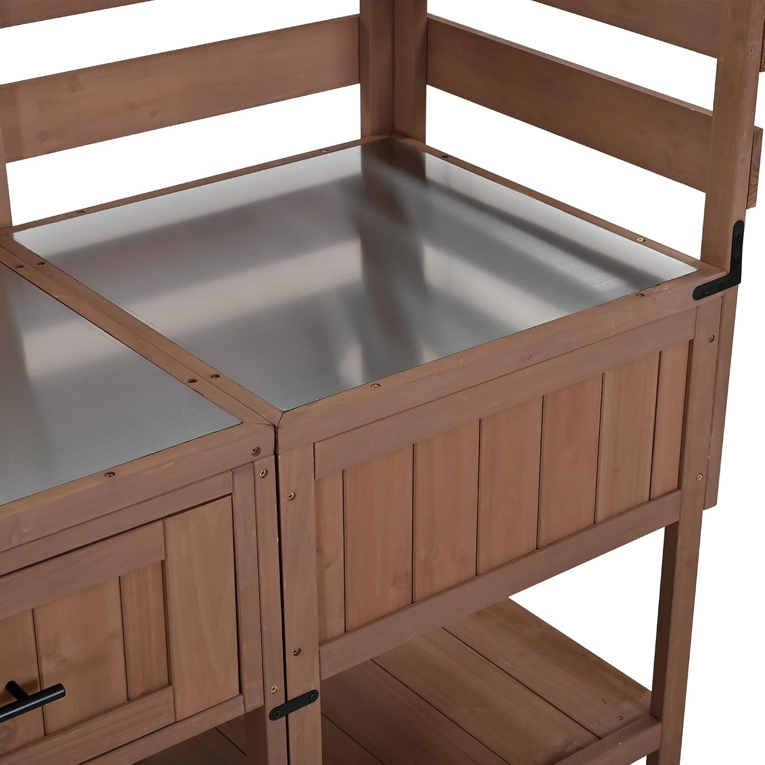 62.3'' Patio Kitchen Island, Solid Wood Kitchen Cart with Stainless Table Top, Garden Potting Bench with Raised Shelf and Drawers, Grill Prep Table for BBQ, Party (Brown-62.3'')