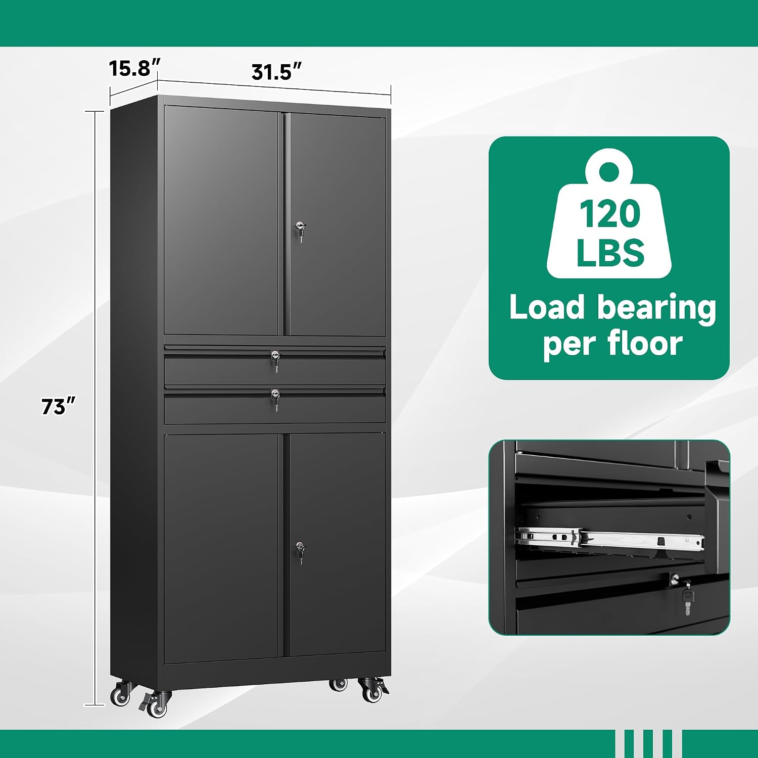 Letaya Metal Garage Storage Cabinet with Wheels,Rolling Tool Cabinet with 4 Door Lock-Adjustable Shelves and 2 Drawer for Garage Home Office Utility Room (Black with Wheels)