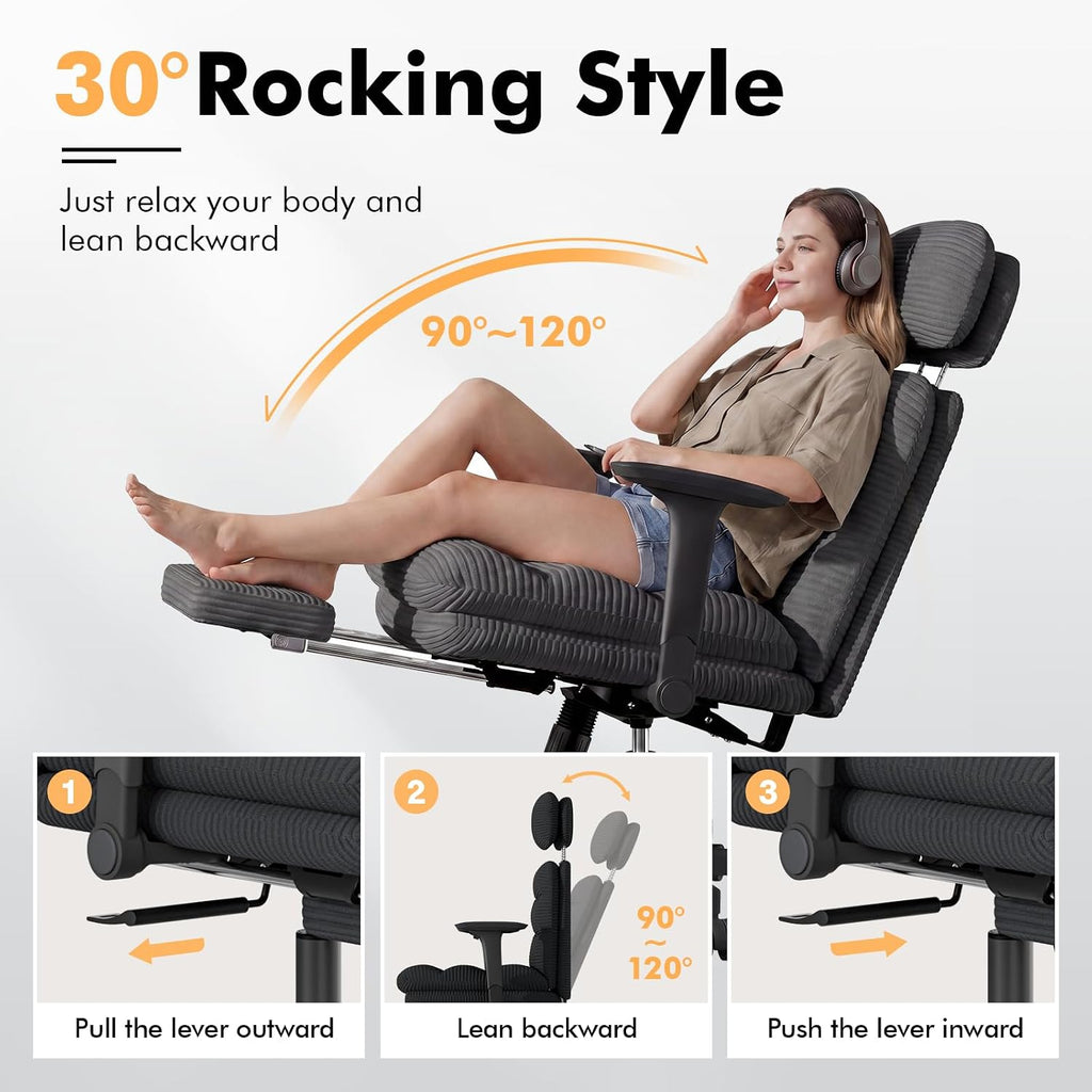 GXJ Criss Cross Chair with Flip-up Arms, Executive Office Chair with Foot Rest, Cross Legged Office Chair G800 Plus, Extra Lumbar Pillow, Corduroy Comfy Computer Desk Chair for Home, Black