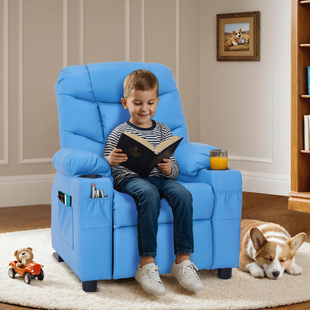 MCombo Big Kids Recliner for Ages 3+, Child Reclining Chair, Toddlers Recliner Sofa with Cup Holders (Faux Leather, Navy Blue)