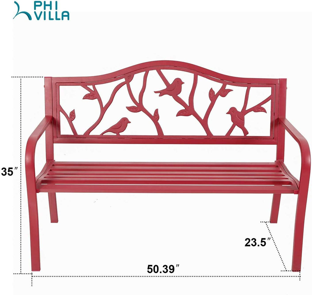 PHI VILLA Outdoor Patio 50' Metal Park Bench Red, Steel Frame Bench with Backrest and Armrests for Porch, Patio, Garden, Lawn, Balcony, Red Bird