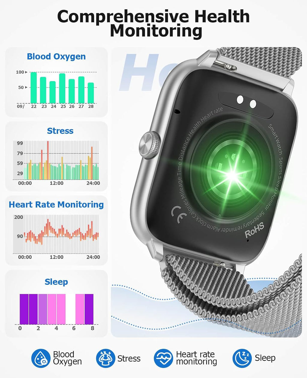 Silver Smart Watch for Men Women with Blood Pressure Monitor, 2.06' AMOLED Display, Metal IP68 Waterproof Fitness Tracker, 118 Sports, Heart Rate/SpO2/Sleep, Tech Gift, Android iPhone Compatible
