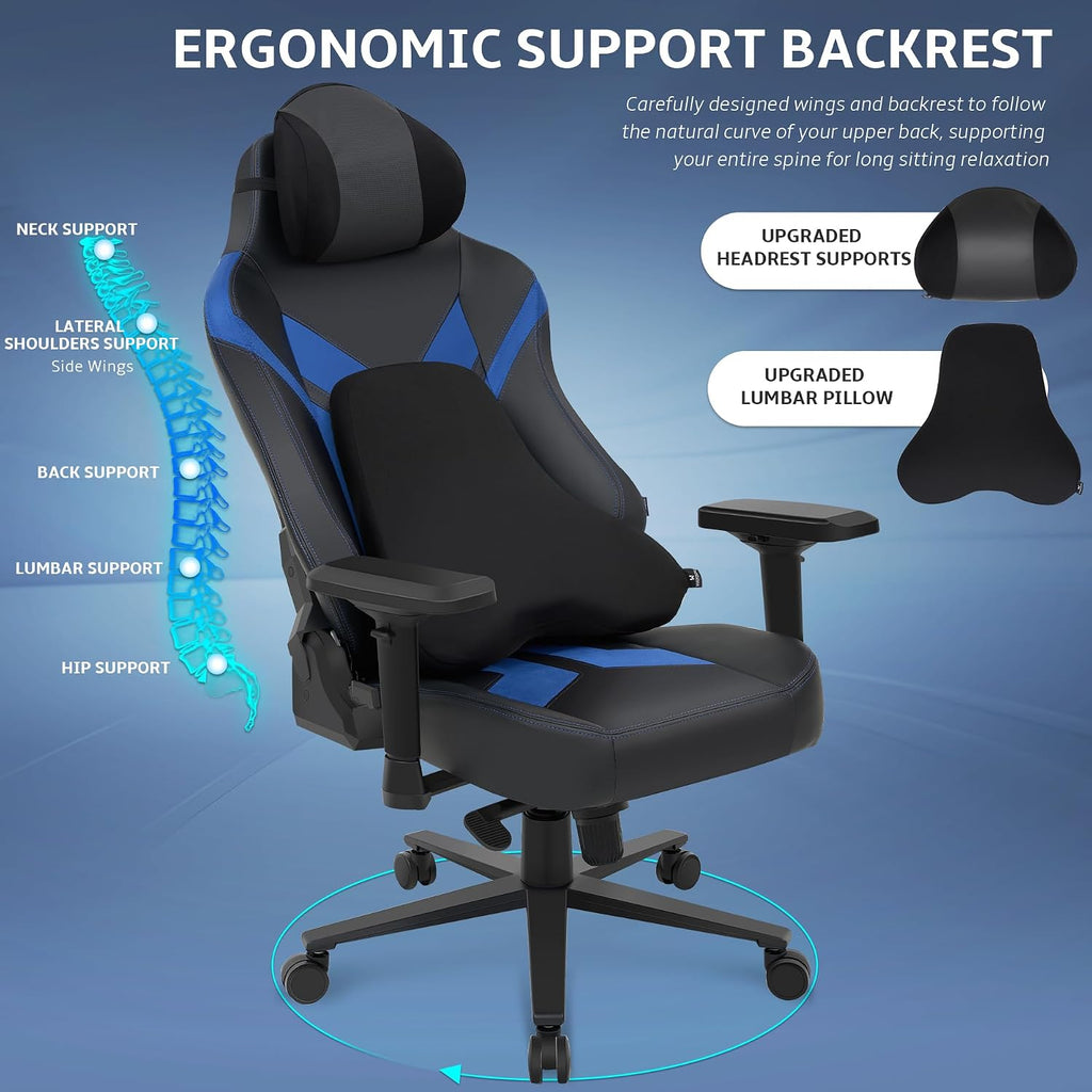 Ergonomic Gaming Chair, Computer Desk Chairs, 4D Armrests, High Back Office Chair with Headrest & Lumbar Pillow, Tilt Rocker Recliner, Heavy-Duty Base, Black PU Leather & Blue Suede Combo