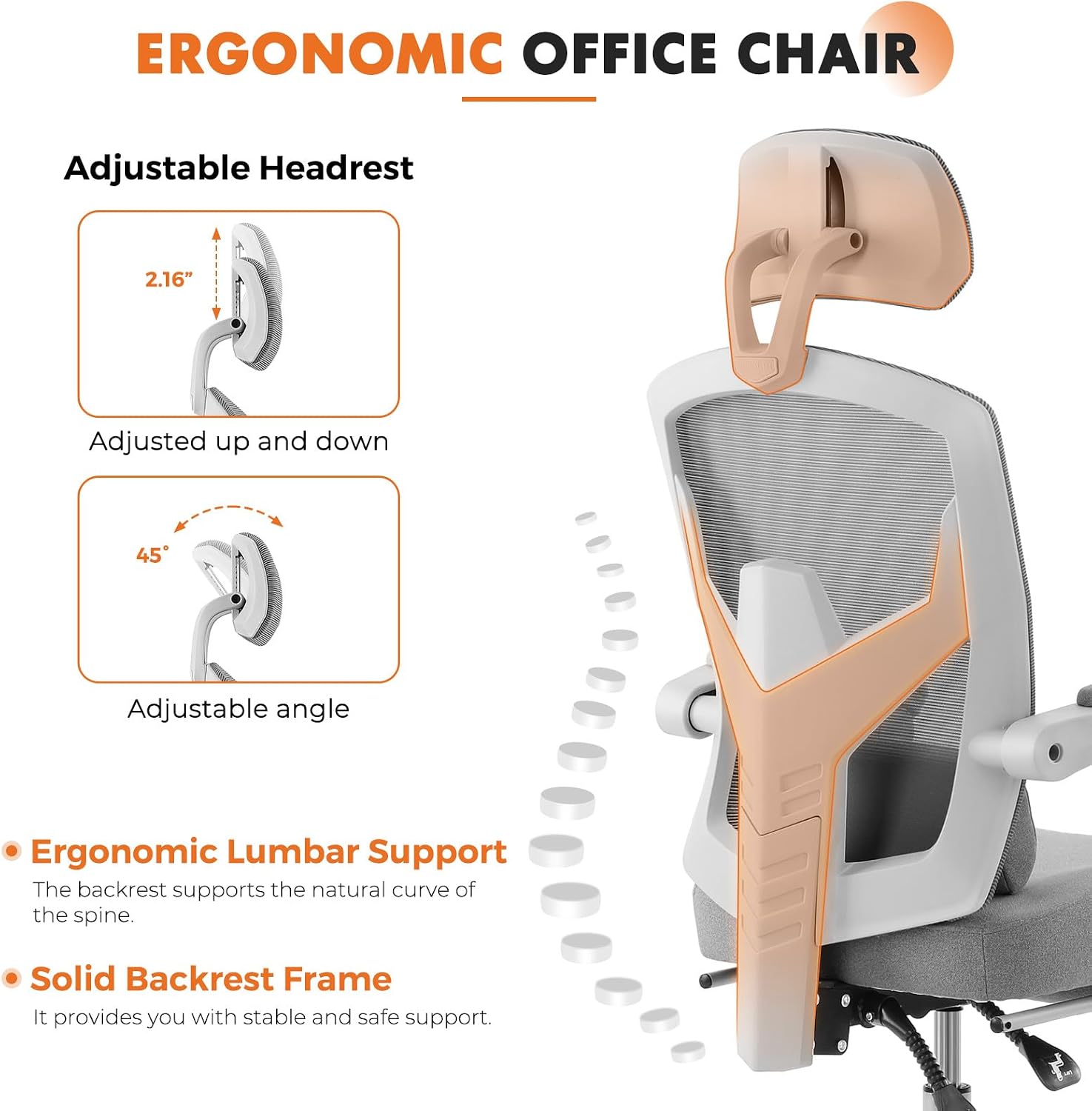 Sweetcrispy Office Computer Desk Chair Set of 2, Ergonomic High-Back Mesh Rolling Work Swivel Chairs with Wheels, Comfortable Lumbar Support, Comfy Arms for Home, Bedroom, Study, Student, Light Grey