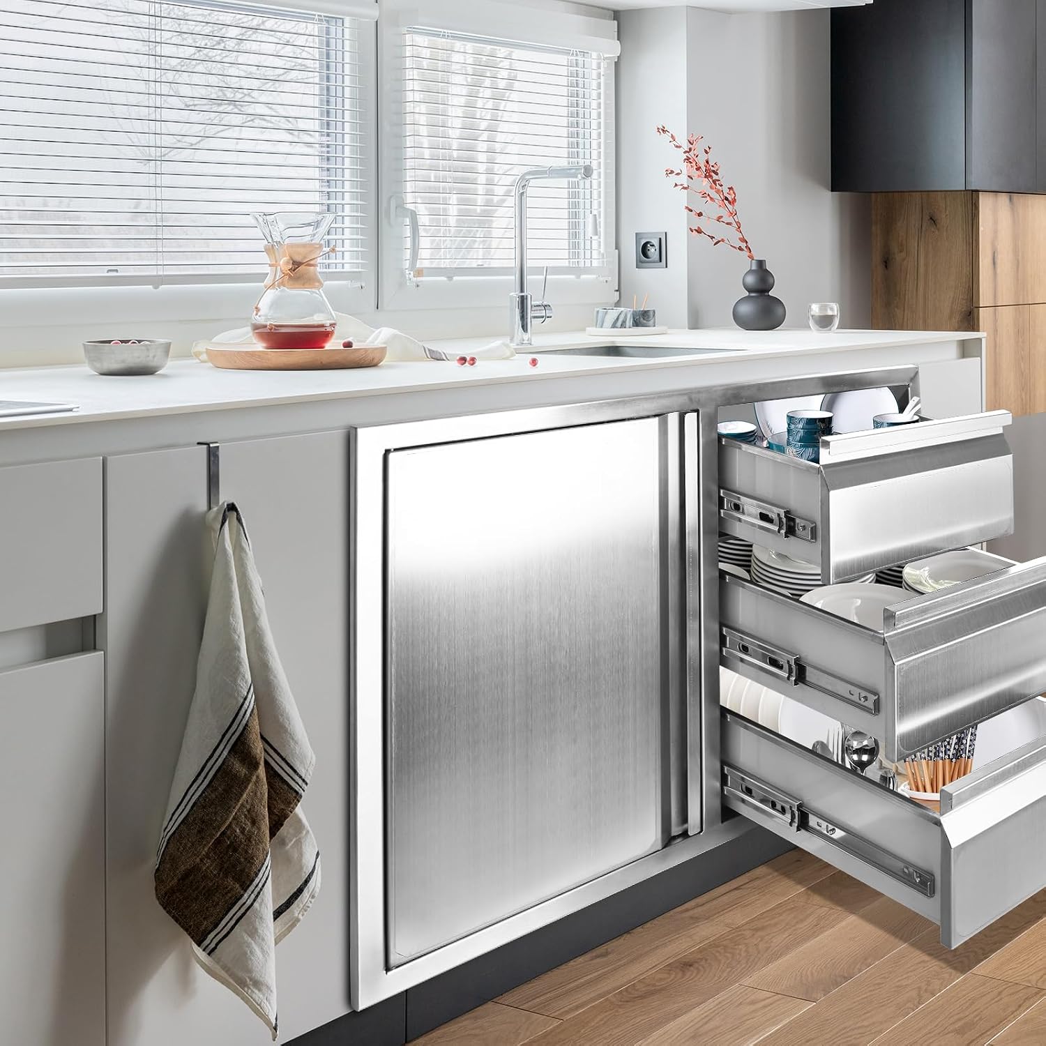 Outdoor Kitchen Drawer Combo, Stainless Steel Sealed Storage Combo with Triple Drawer, Outdoor Kitchen for BBQ Island, Grilling Station, Outside Cabinet (27.8' W x 21.8' D x 19.6' H)（Right Drawer）