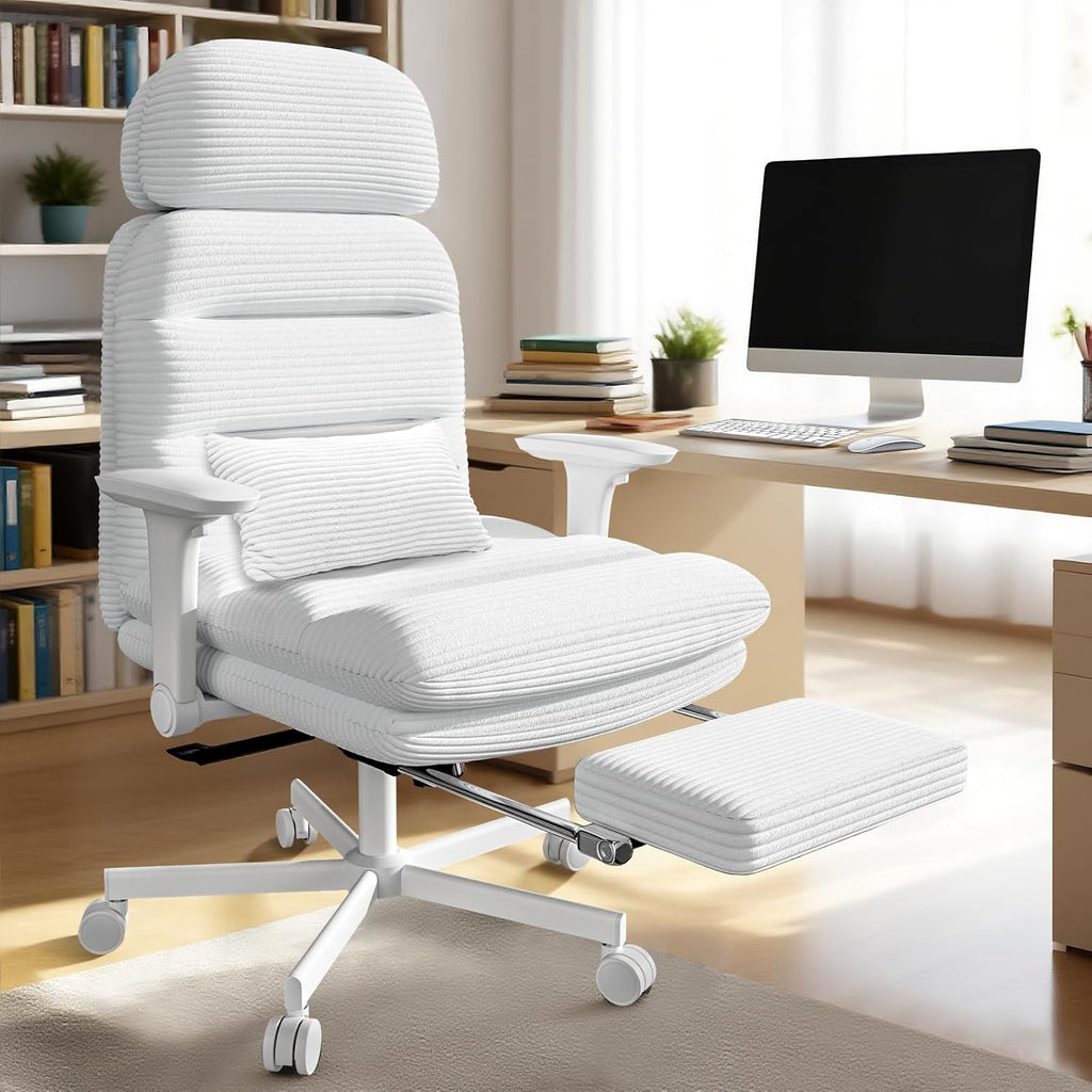 GXJ Criss Cross Chair with Flip-up Arms, Executive Office Chair with Foot Rest, Cross Legged Office Chair G800 Plus, Extra Lumbar Pillow, Corduroy Comfy Computer Desk Chair for Home, White