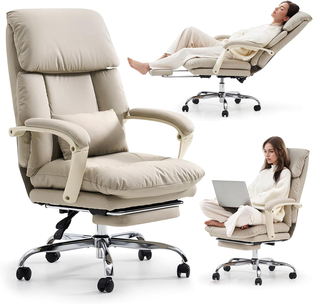 EMIAH Heated and Massage Office Chair with Foot Rest, Executive Office Chair Reclining High Back PU Leather Comfy Swivel Computer Desk Chairs with Wheels and Lumbar Support for Home Office，Beige