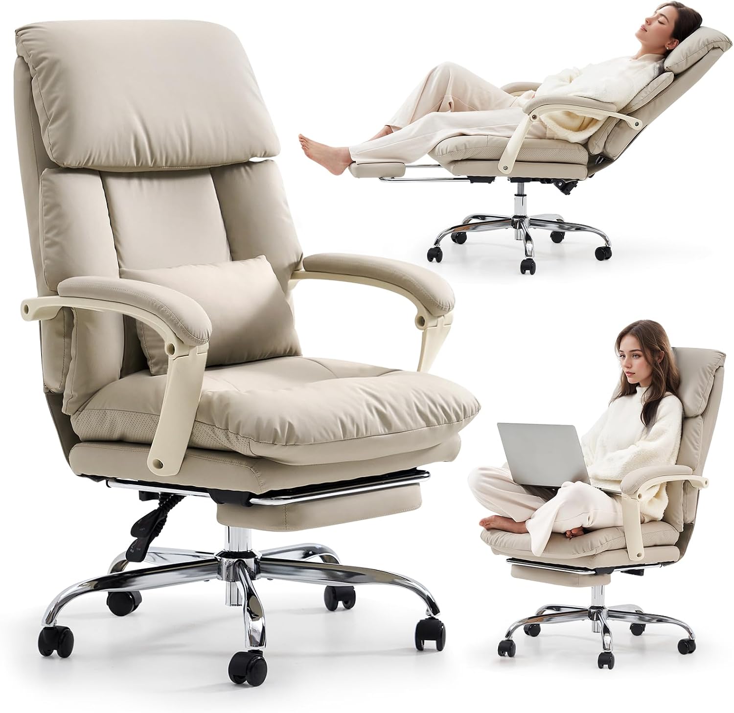 EMIAH Heated and Massage Office Chair with Foot Rest, Executive Office Chair Reclining High Back PU Leather Comfy Swivel Computer Desk Chairs with Wheels and Lumbar Support for Home Office，Beige
