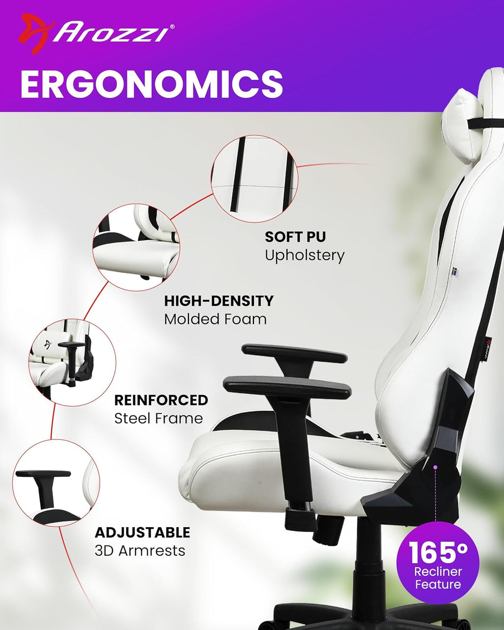 Arozzi Torretta Soft PU Leather Material Gaming Chair, Durable Ergonomic Office Chair with Adjustable Height, 3D Armrest & 2 Supportive Pillows (White)
