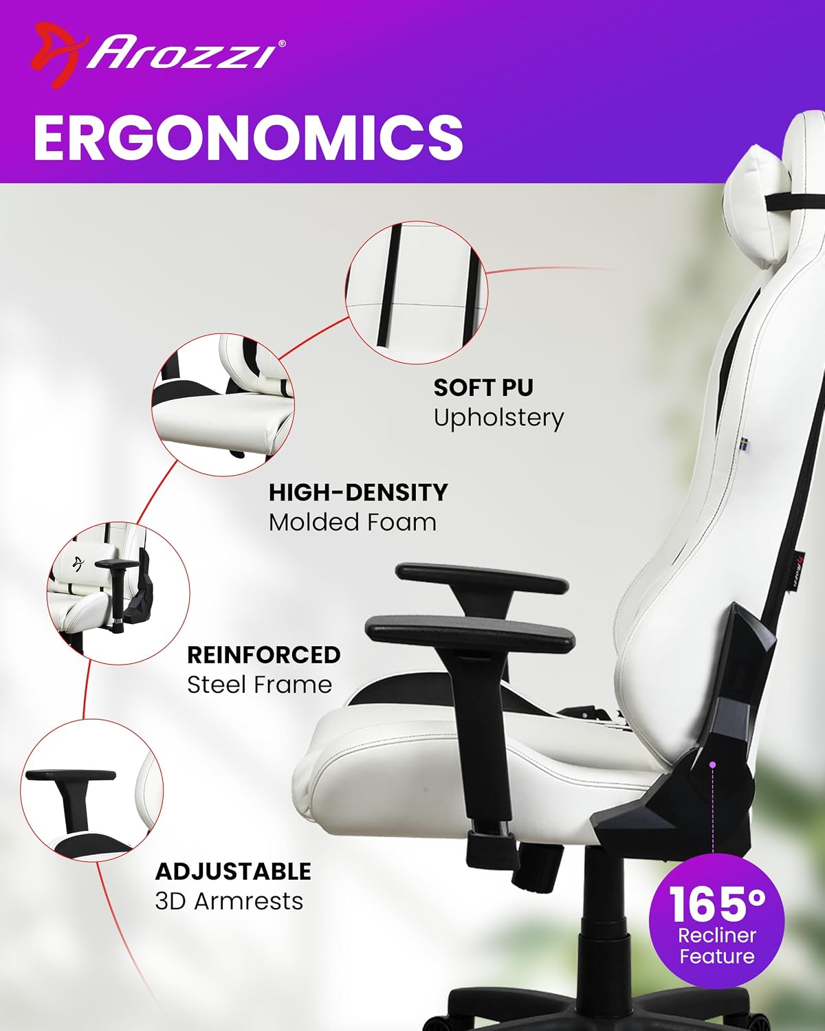 Arozzi Torretta Soft PU Leather Material Gaming Chair, Durable Ergonomic Office Chair with Adjustable Height, 3D Armrest & 2 Supportive Pillows (White)
