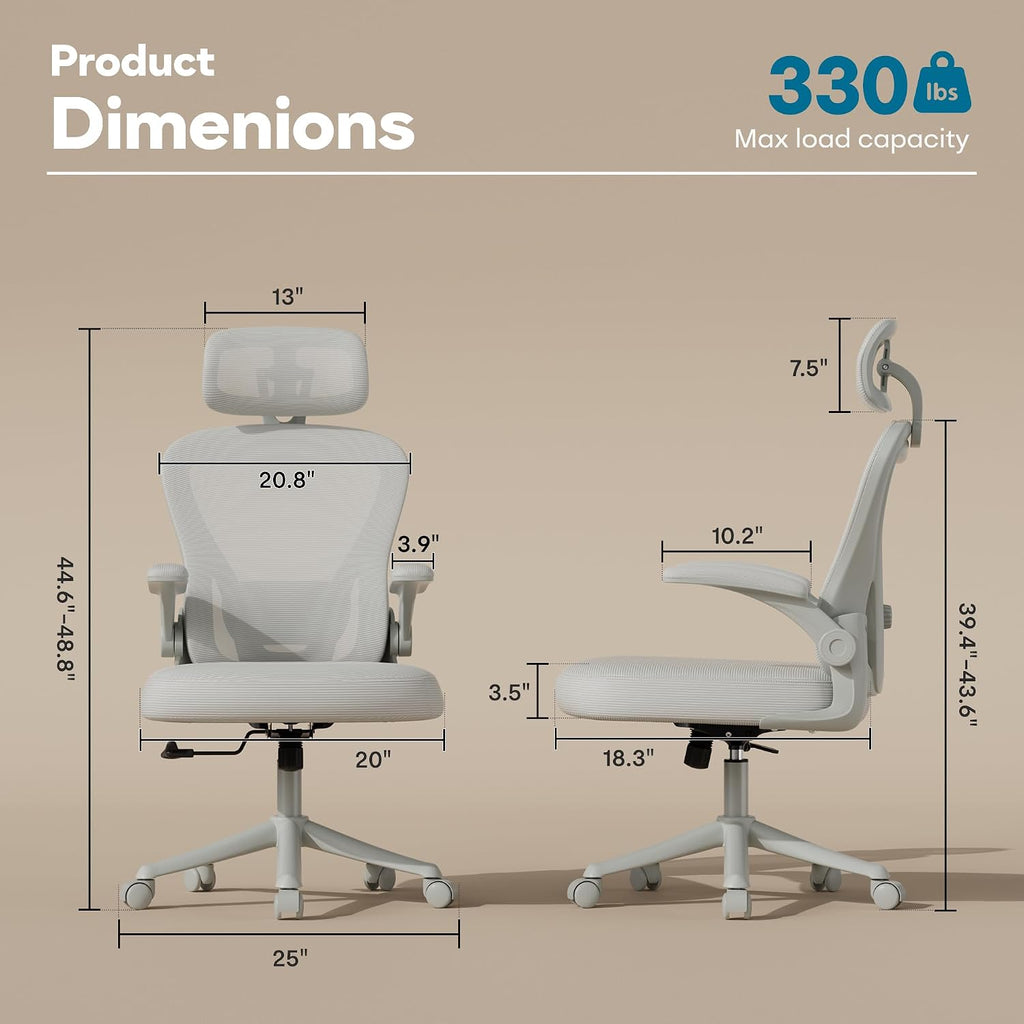 SeekFancy Ergonomic Office Chair M903, Computer Desk Chair with Wheels, High Back Mesh Office Chair with Adjustable Lumbar Support, Headrest, Flip-Up Armrests, All Grey