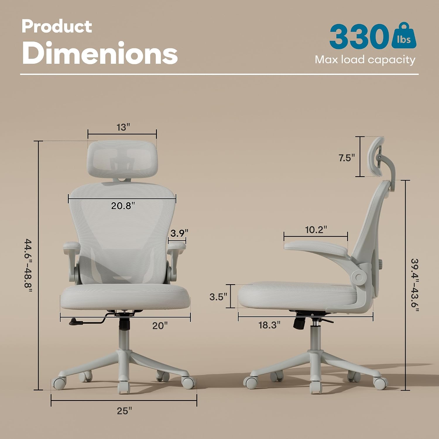 SeekFancy Ergonomic Office Chair M903, Computer Desk Chair with Wheels, High Back Mesh Office Chair with Adjustable Lumbar Support, Headrest, Flip-Up Armrests, All Grey
