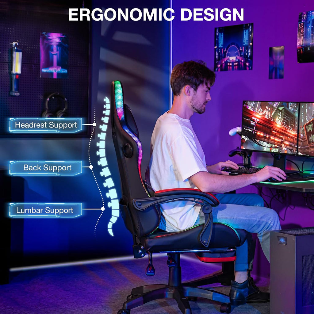 HOFFREE LED Gaming Chair with Speakers and Massage Video Game Chair Big and Tall with Footrest Gamer Chair for 400lbs Computer Desk Chair Red and Black, Red+black, HOGC-MAX303