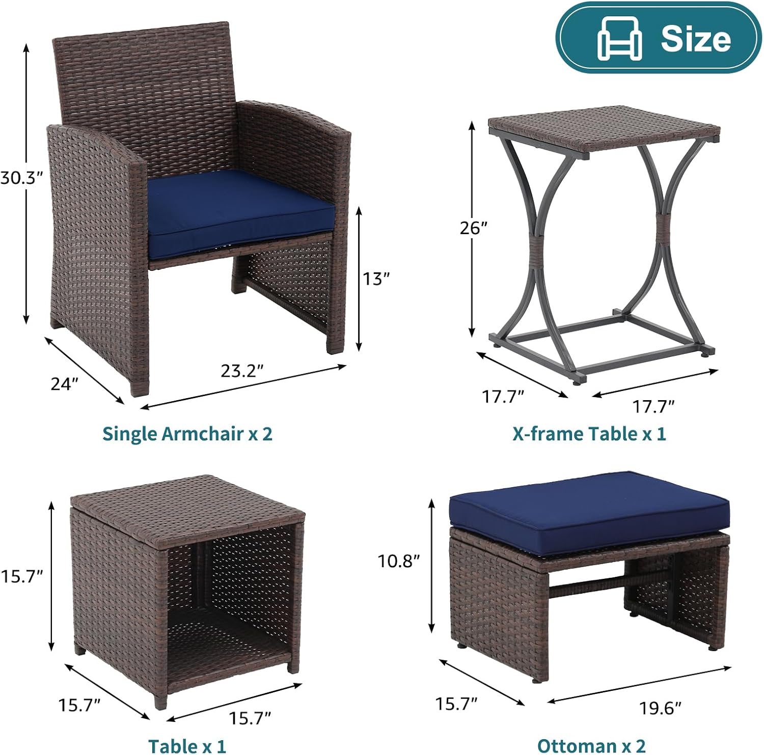 OC Orange-Casual 6 Piece Patio Wicker Furniture Set, Balcony All Weather Rattan Chair, with Space Saving Ottoman, Resin Nesting Coffee Table, Modern Design, Blue