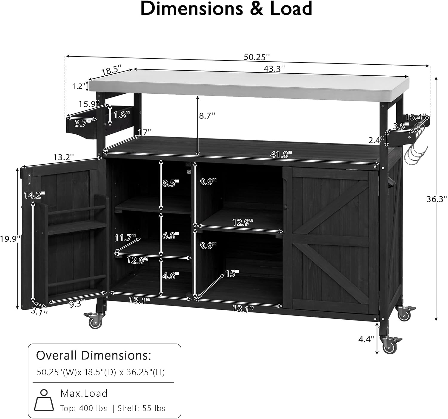 Outdoor Grill Cart with Storage, Farmhouse Outdoor Storage Cabinet with Stainless Steel Top, Wood Bar Patio Kitchen Island with Spice Rack, Towel Holder, Hooks & Locking Wheels for Patio BBQ(Black)