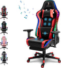 Gaming Chair with Speakers and LED Lights, Height Adjustable Swivel Racing Gaming Massage Chair, Ergonomic Gamer Chair with Footrest,Reclining Computer Office Desk Chair for Adults,Red