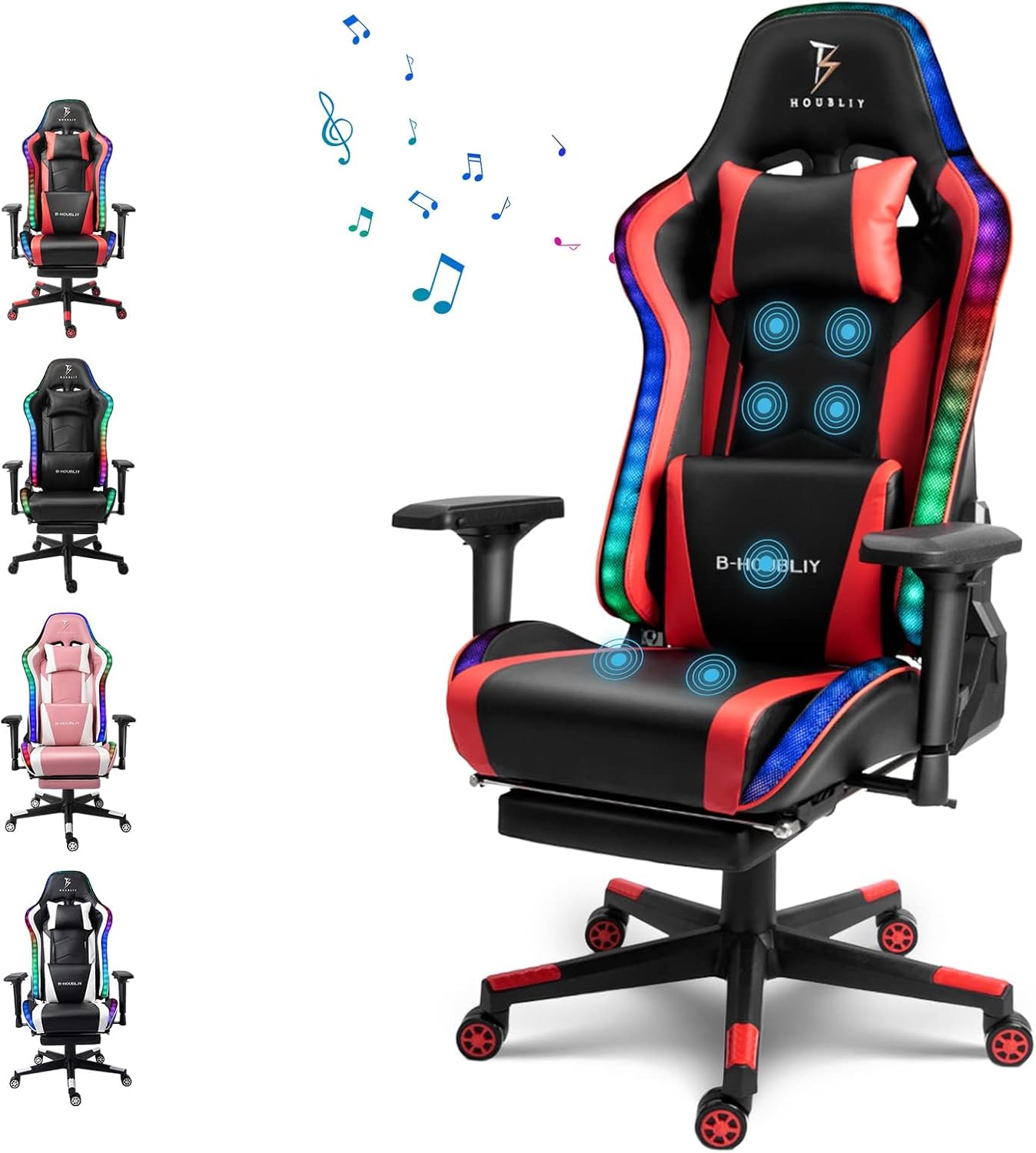 Gaming Chair with Speakers and LED Lights, Height Adjustable Swivel Racing Gaming Massage Chair, Ergonomic Gamer Chair with Footrest,Reclining Computer Office Desk Chair for Adults,Red