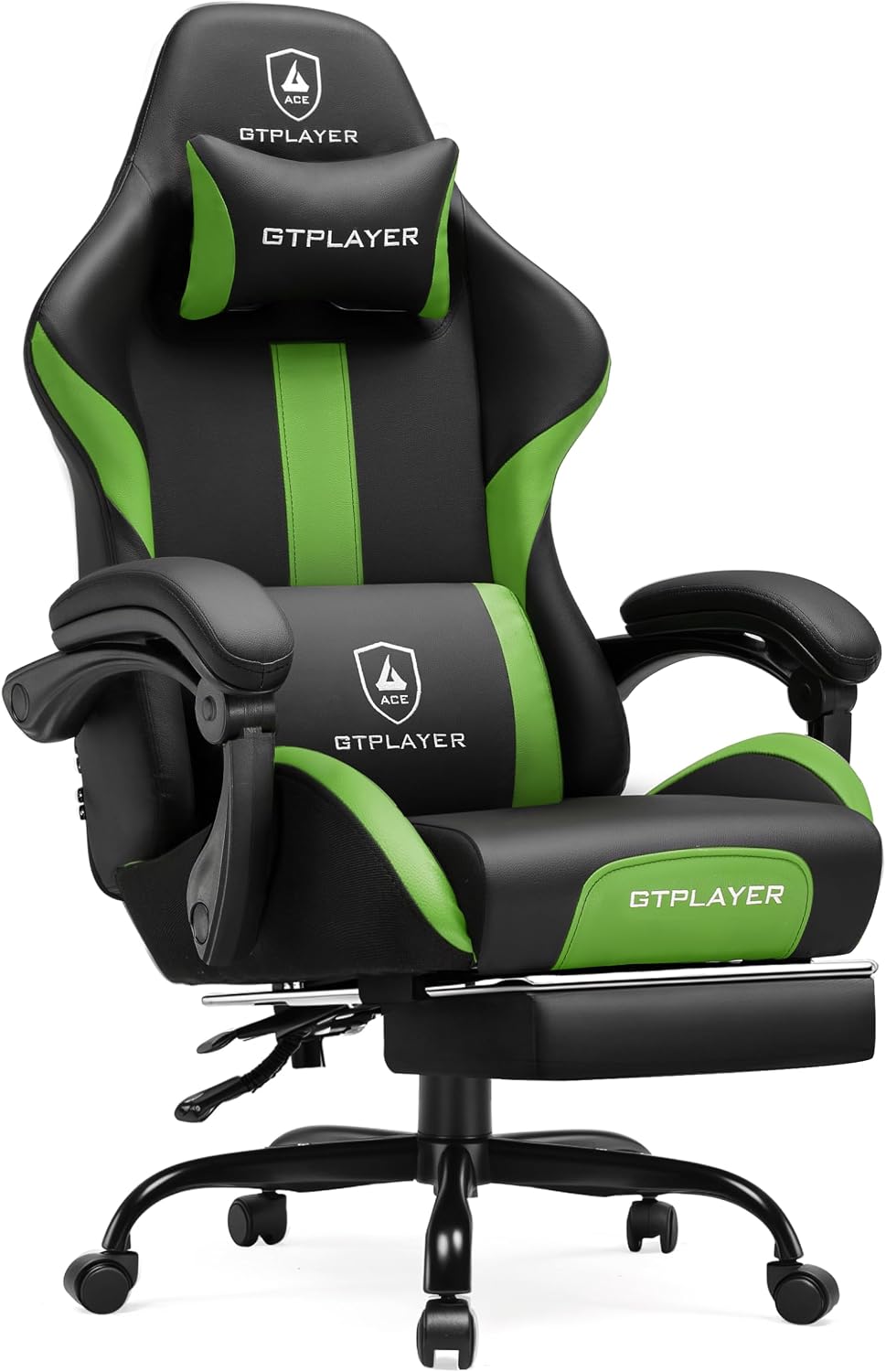 GTPLAYER Gaming Chair with Foot Rest & Pocket Spring Cushion, Ergonomic High Back Computer Chair with Headrest & 360°-Swivel Seat for Home Office Desk, PU Leather, Vivid Green
