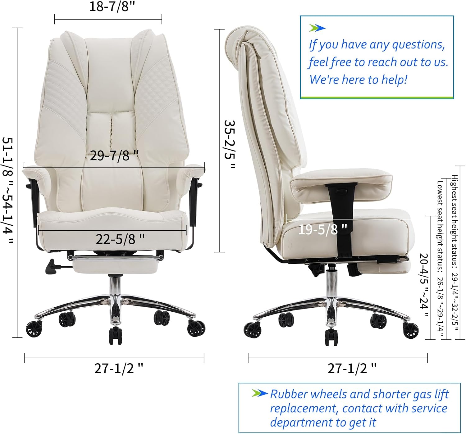 EXCEBET Big and Tall Office Chair 400lbs Wide Seat, Leather High Back Executive Office Chairs with Foot Rest, Ergonomic Lumbar Support for Lower Back Pain Relief (White)