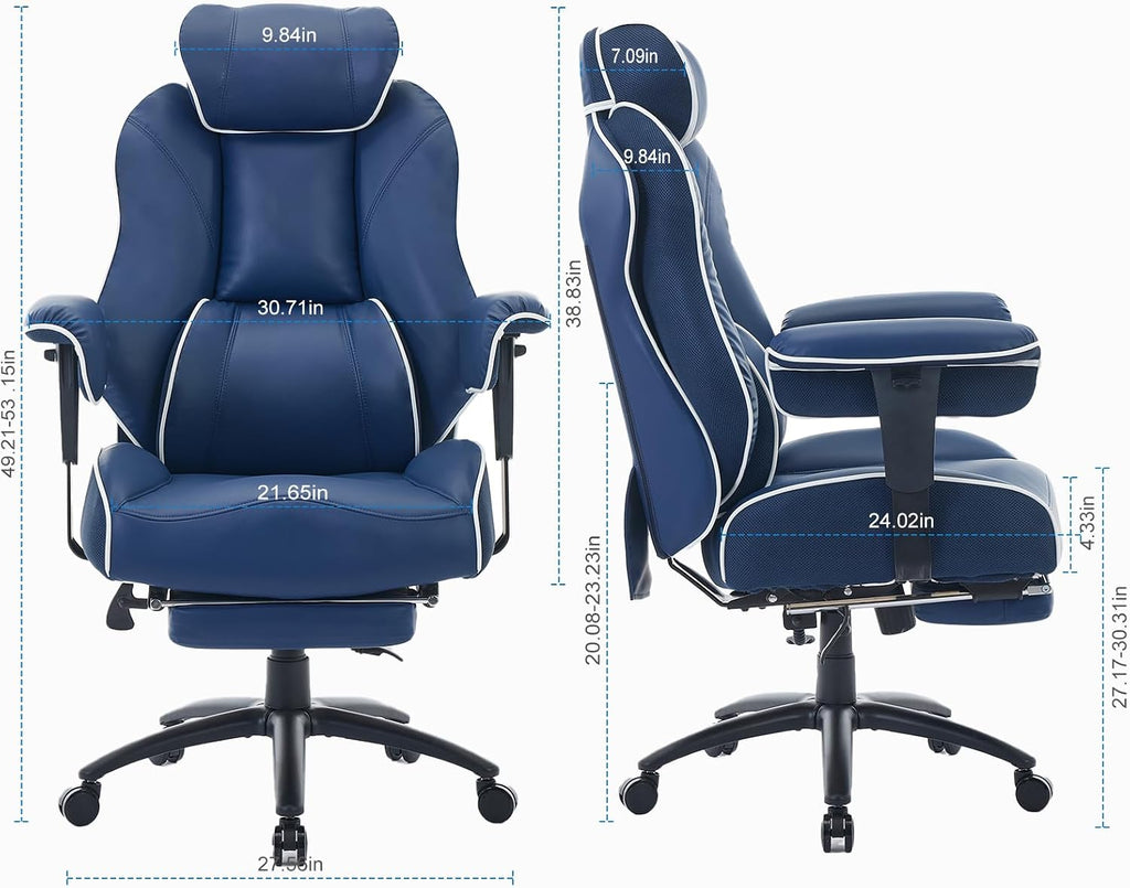 DJ·Wang Big and Tall Office Chair with Foot Rest, High Back Executive Office Chair PU Leather, Ergonomic Chairs with Lumbar Support, 135° Reclining Chairs with Thickened Spring Cushion Blue