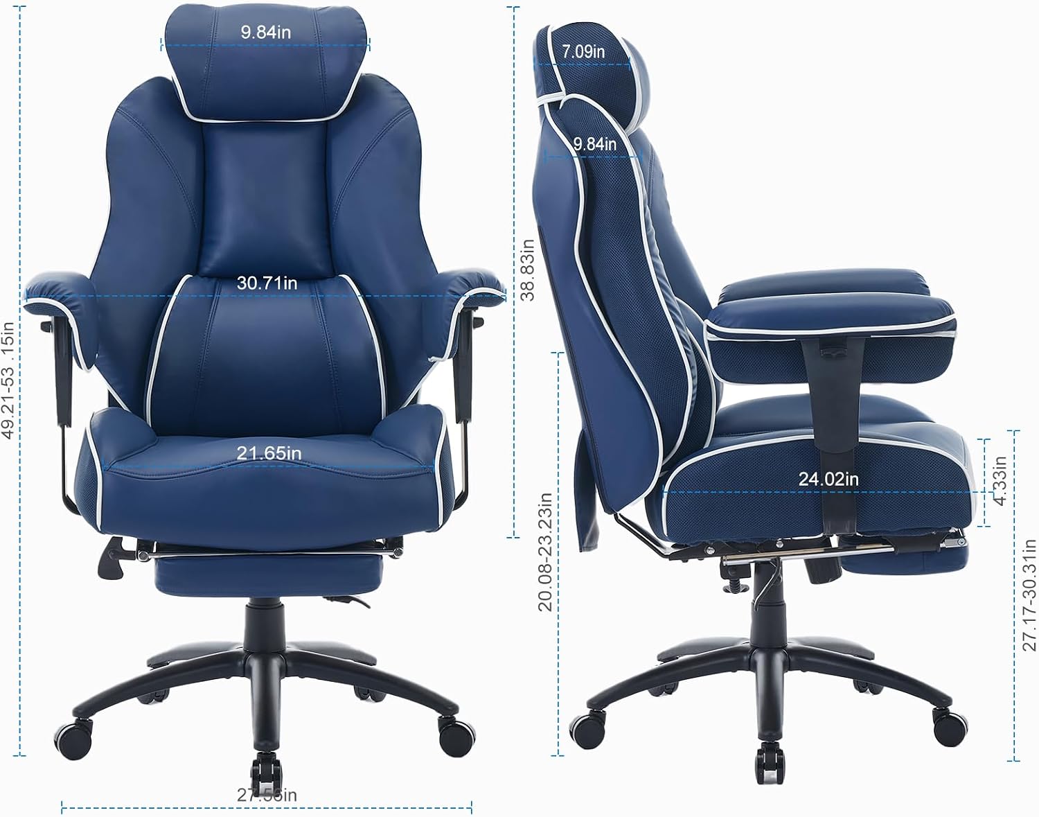 DJ·Wang Big and Tall Office Chair with Foot Rest, High Back Executive Office Chair PU Leather, Ergonomic Chairs with Lumbar Support, 135° Reclining Chairs with Thickened Spring Cushion Blue