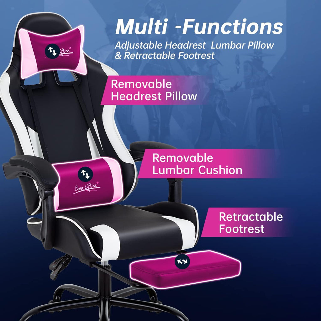 Gaming Chair Office Chair Desk Chair with Footrest Lumbar Support Headrest Armrest Task Rolling Swivel Ergonomic E-Sports Adjustable PC Gamer Chair (White)