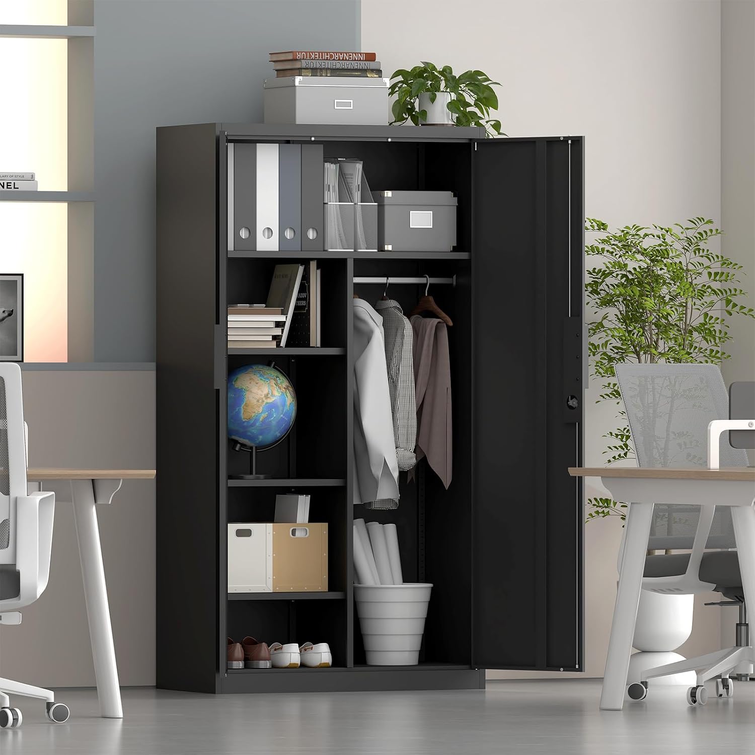 IRONFFICE Metal Storage Cabinet,Steel Armoire Wardrobe Closet with Adjustable Shelves,Hanging Rod,Almirah for Clothes,Locking Wardrobe Cabinet for Bedroom,Home,Black