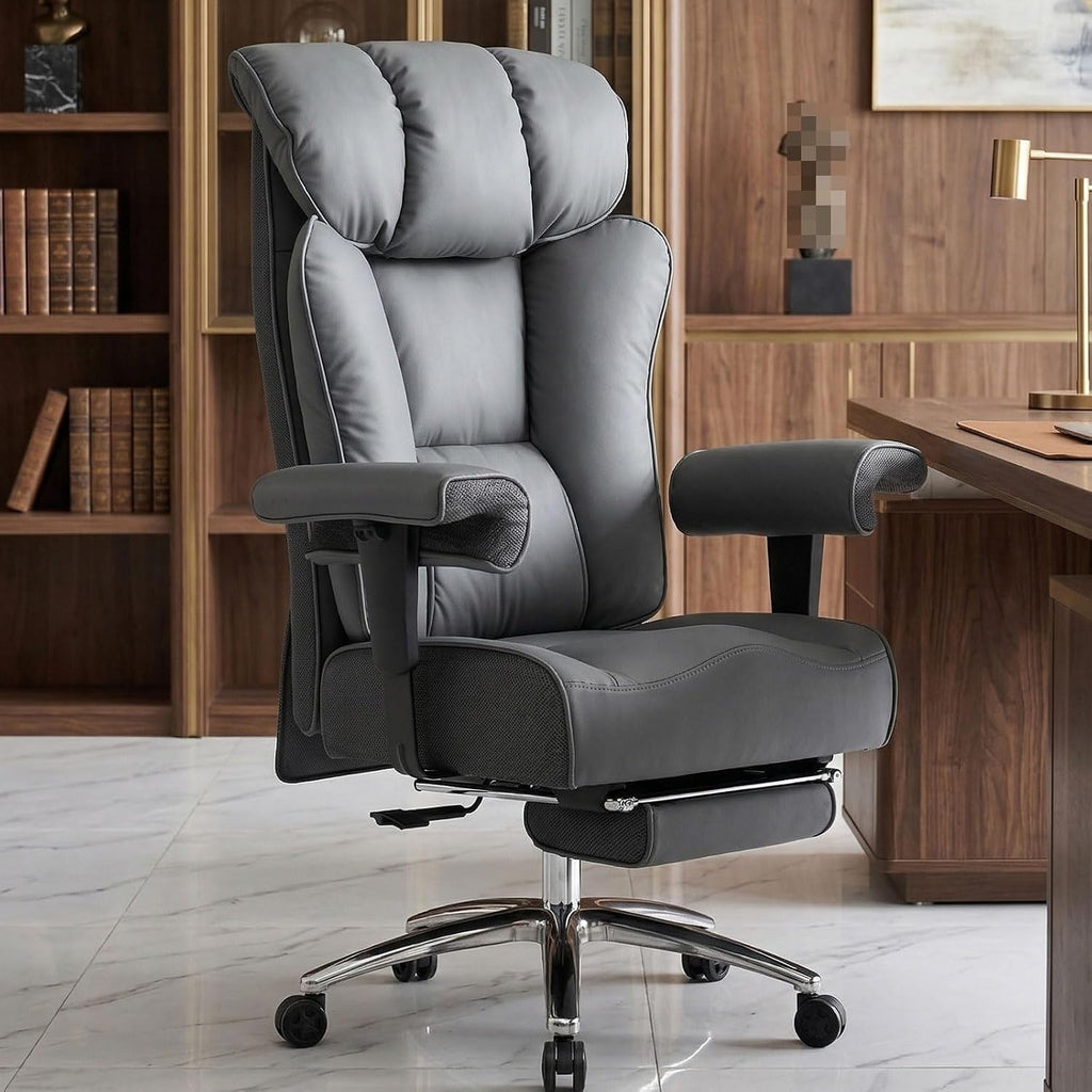 Efomao Big and Tall Office Chair 400lbs, Executive High Back Office Chair with 24' Extra Wide 6.1' Spring Cushion and Footrest, Reclining Heavy Duty Desk Chair for Home Office, Grey