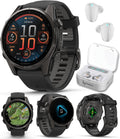 Garmin Fenix 8 – 43 mm Sapphire, AMOLED Multisport GPS Smartwatch, Carbon Gray DLC Titanium with Black/Pebble Gray Silicone, Built-in LED Flashlight White Earbuds Bundle