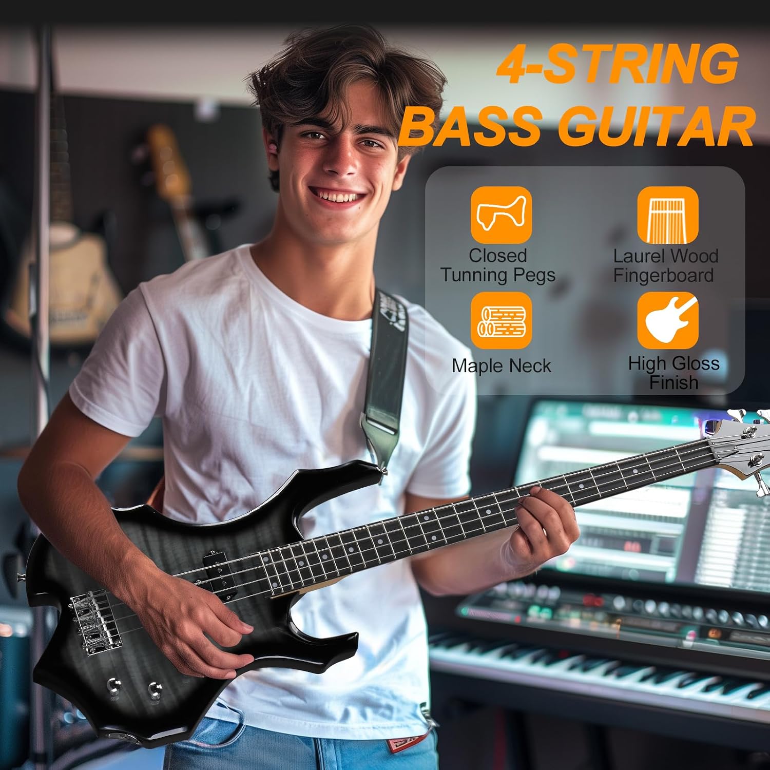 Ktaxon Electric Bass Guitar Full Size Flame Design Bass Set with 20 Watt Amplifier, Portable Bass Bag, Superior Amp Wire, Adjustable Guitar Strap, Plectrum, Wrench Tool(Tiger Stripes)