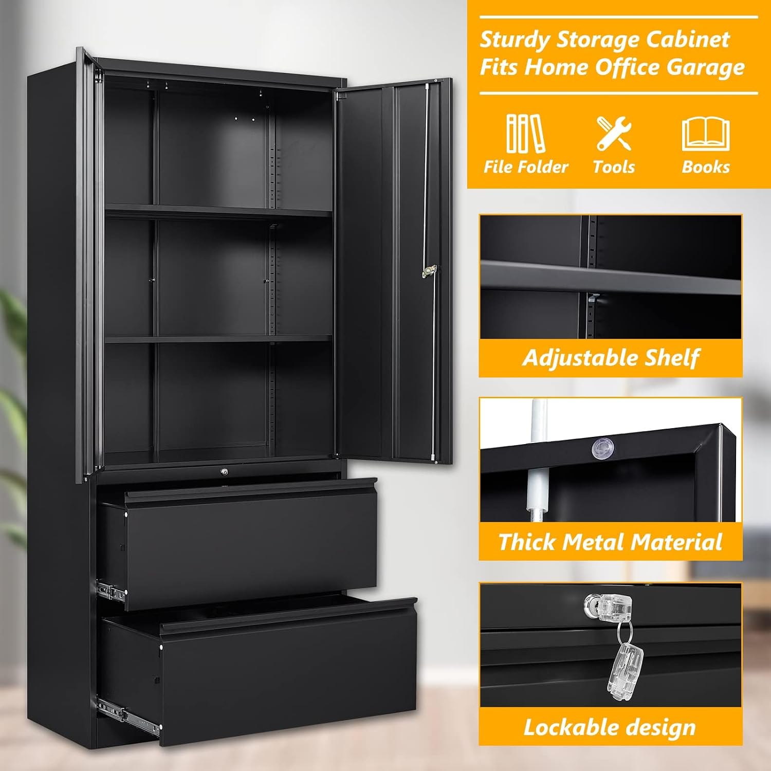 STANI 2 Drawer Lateral File Cabinet - Metal Storage Cabinet with Locking Drawers for Letter/A4 Size Files (Black)