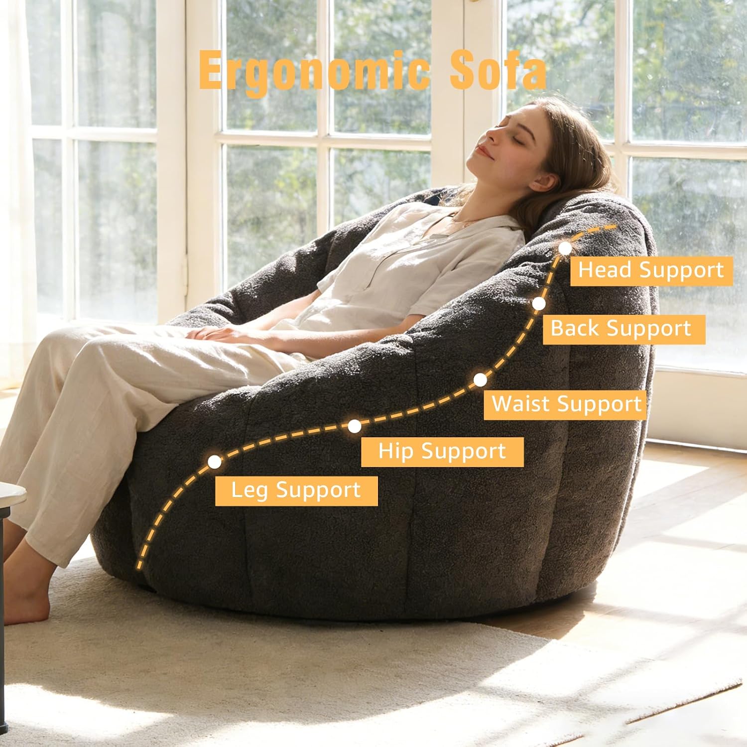 Bean Bag Chair Gaming Sofa for Adults & Kids, Big Beanbag Chairs Reading Couch with Ergonomic Armrests, Oversized Memory Foam Lounge Chair for Living Room/Bedroom, Dark Gray