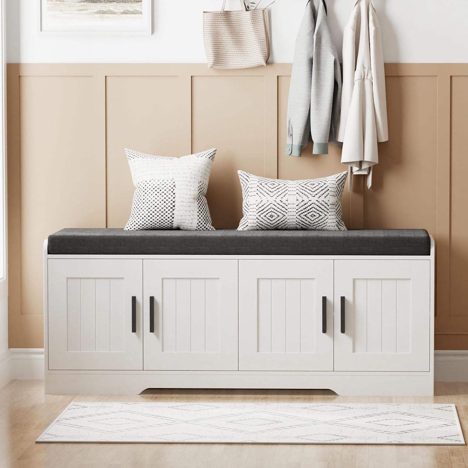 Homleke 2-Tier Storage Bench, Shoe Bench with Thickened Padded Seat Cushion, Entryway Bench with 4 Doors, Adjustable Shelf, 13.8' D x 45.3' W x 18.5' H, for Entryway, Living Room, Bedroom, White