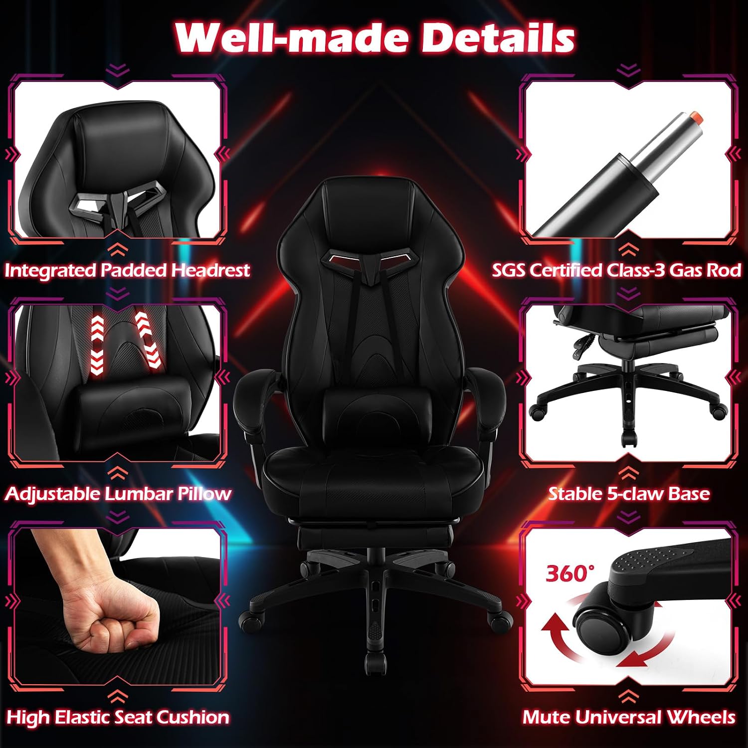 Giantex Gaming Chair with Footrest for Adults, Reclining Video Game Chair w/Lumbar Support, Racing Style Ergonomic Office Computer Chair, Height Adjustable Swivel Gamer Chair for Gaming (Black)