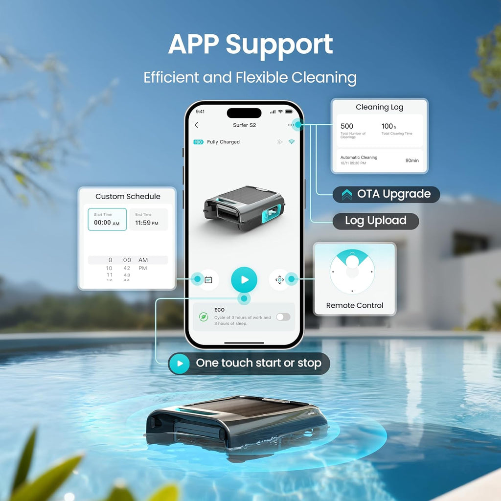 AIPER Surfer S2 Robotic Solar Pool Skimmer with APP Support, 24/7 Cleaning, Dual Charging Modes, Smart Obstacle Avoidance, Ideal for Most Swimming Pool Types