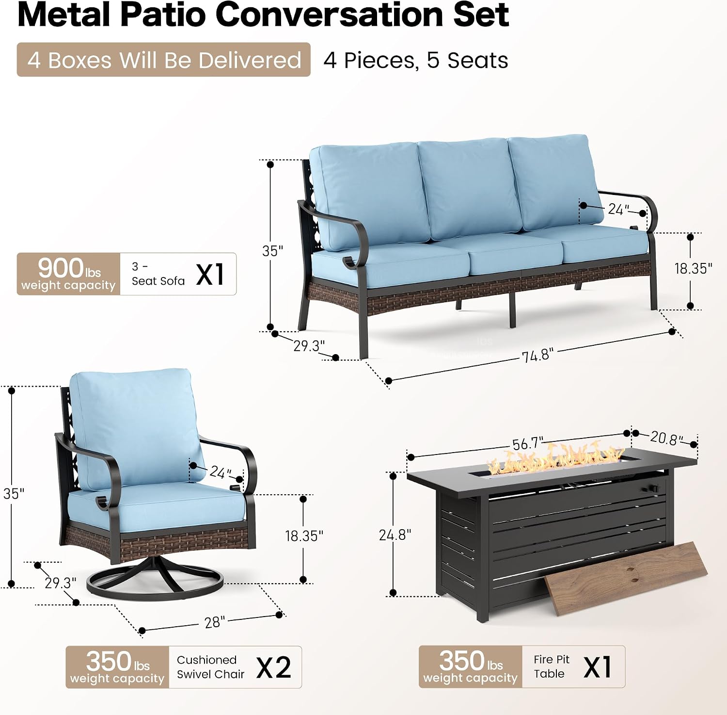 SUNSHINE VALLEY 4 Piece Black Metal Outdoor Patio Furniture Sets with Firepit Table, Patio Conversation Sets 1 3-Seater Sofa, 2 Swivel Sofa with 5.75' Thick Cushion Backyard Furniture for Deck, Blue